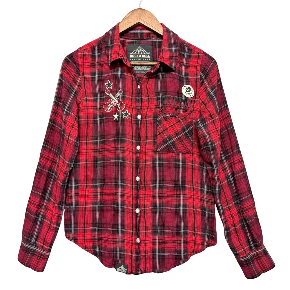 Womens S Button Up Shirt Red Black Plaid Patches Rocker Grunge Edgy‎ Punk Street